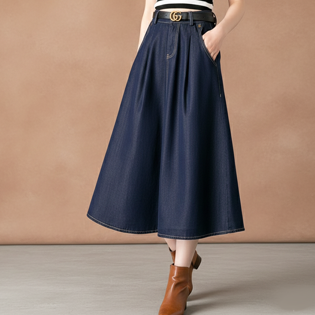 デニムスカート 優美シルエットデニム膝丈フレアースカート