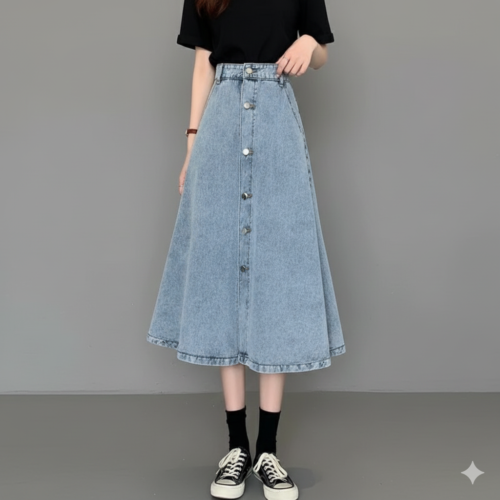 デニムスカート ボタンデザイン デニムフレアースカート