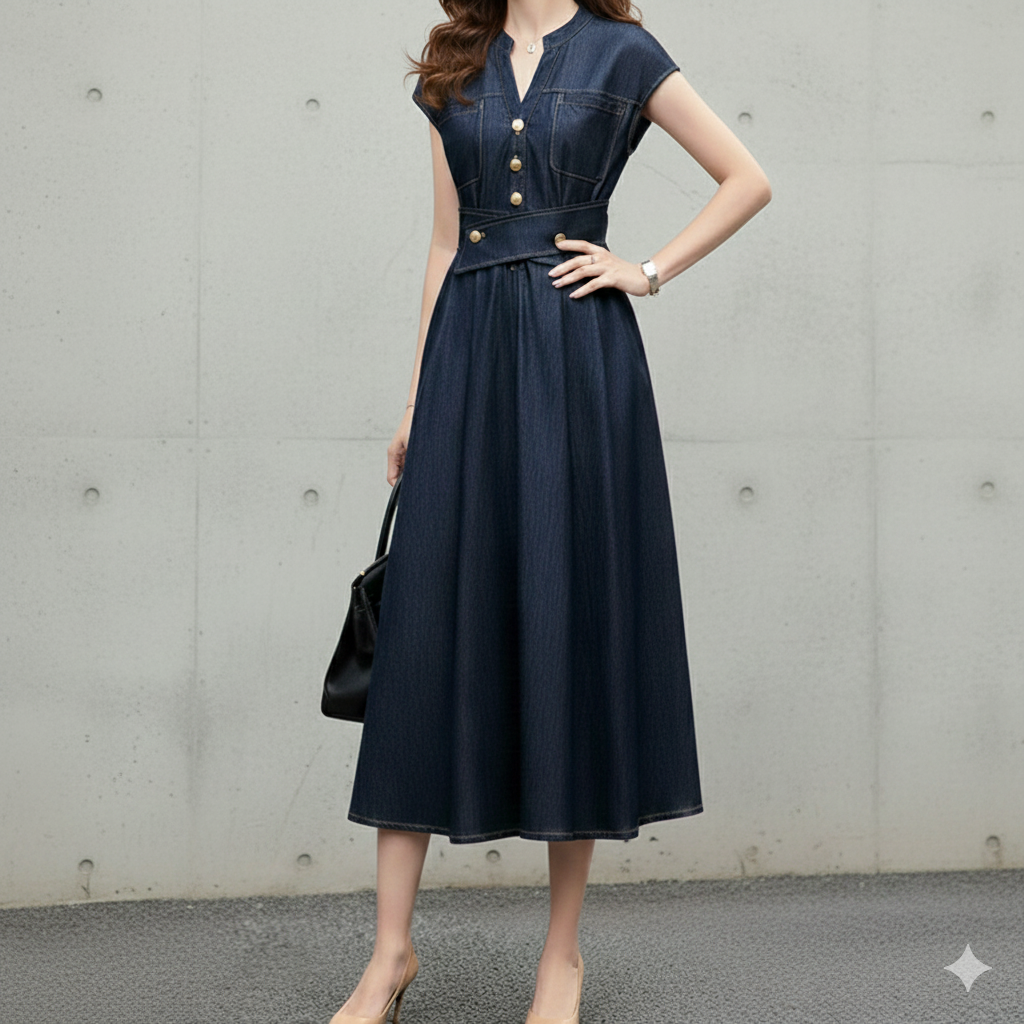 デニムワンピース 上品シルエット 優美デニムロングワンピース