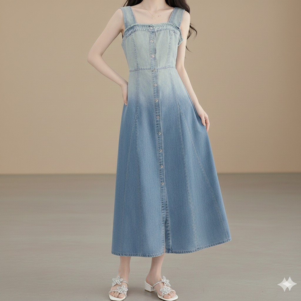 デニムワンピース グラデーション染め ボタン開き デニムキャミワンピース