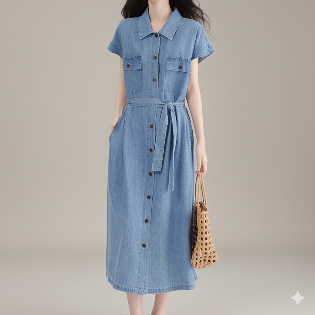 デニムワンピース こだわり胸ポケット付きシャツデニムワンピース