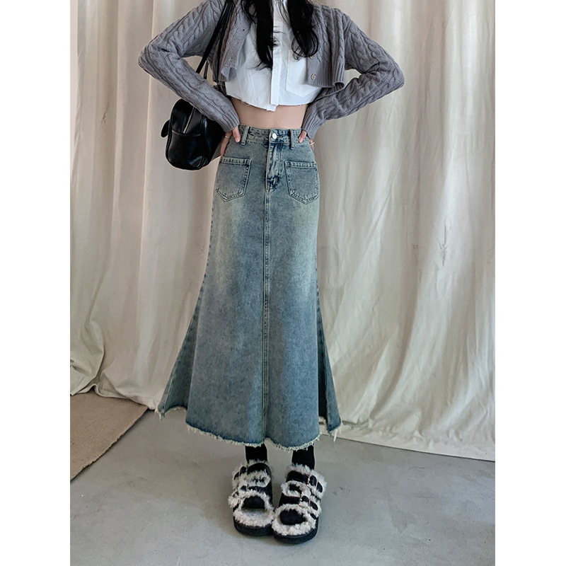 デニムスカート 非表示(切りっぱなしデザイン)フレアデザイン マキシ丈デニムスカート