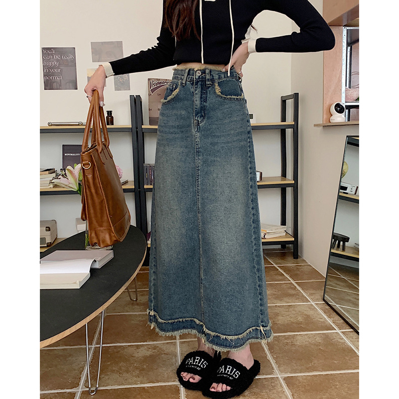 デニムスカート 非表示(切りっぱなしデザイン)裾フリンジ加工ロングデニムスカート