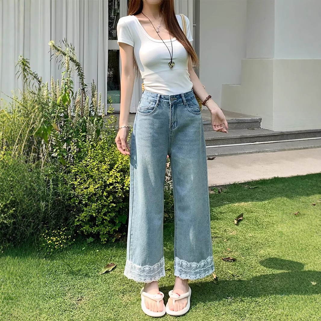 デニムパンツ レース裾飾り ワイドデニムパンツ