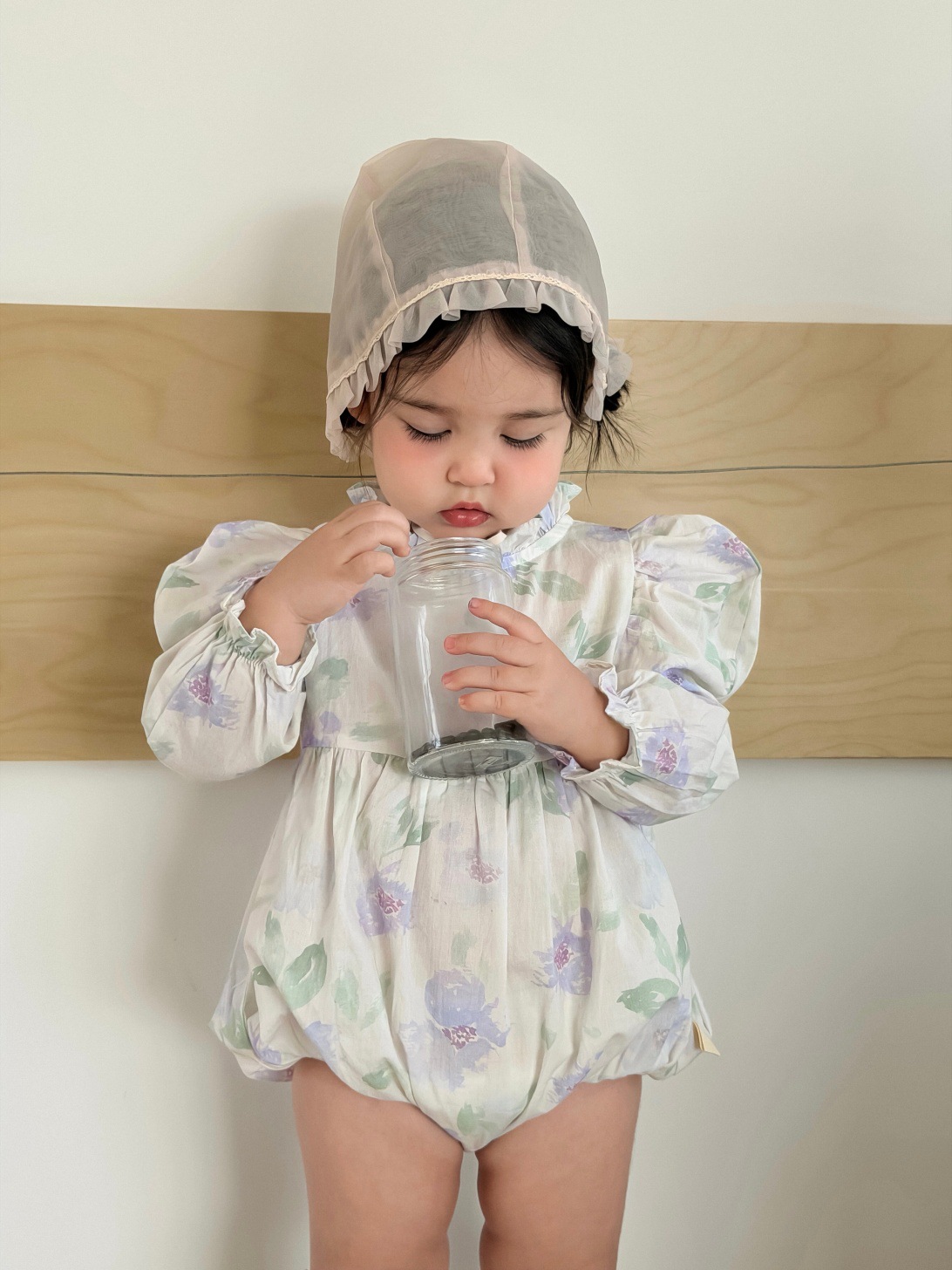 メイン画像:5枚目:ベビードレス 花柄パフスリーブロンパース型ドレス