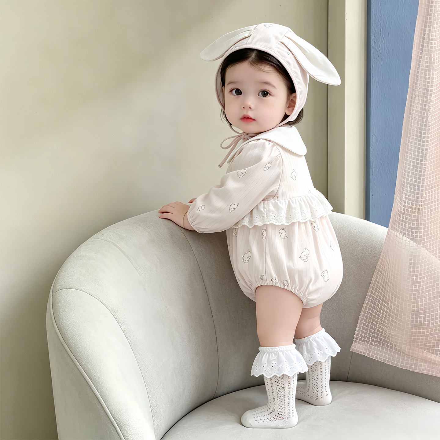 メイン画像:1枚目:ベビードレス うさぎ耳帽子付き襟付きロンパース型ドレス