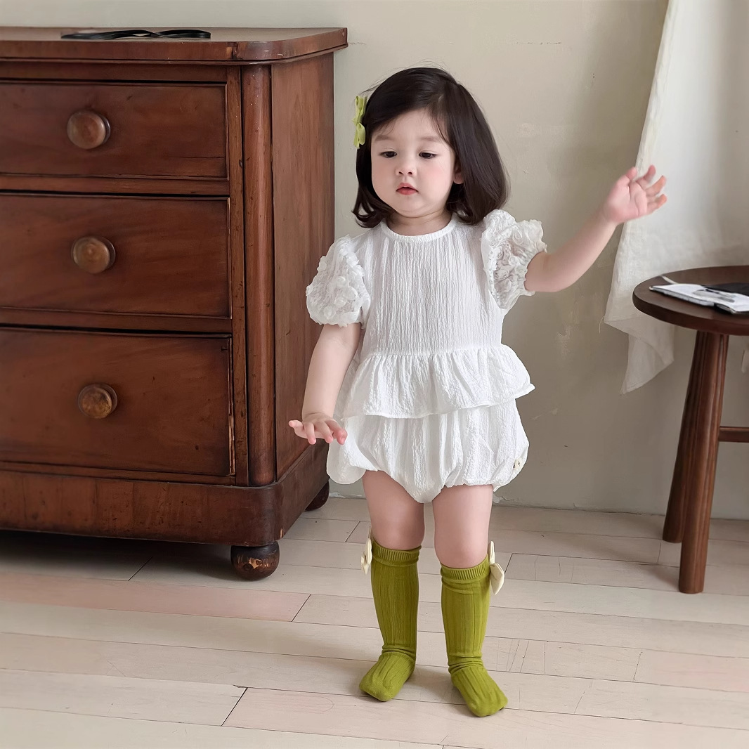 メイン画像:2枚目:ベビードレス 花刺繍パフスリーブペプラムロンパースドレス
