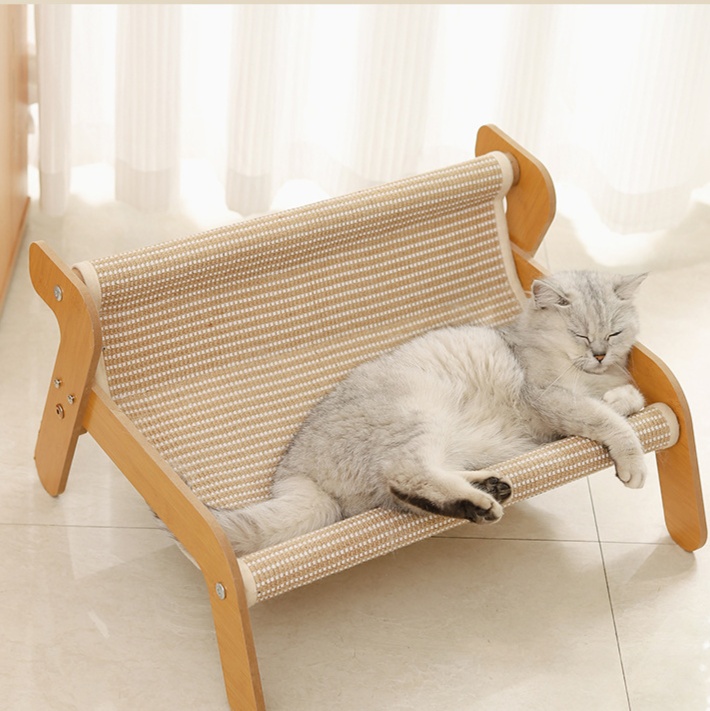 ペットベッド 通気性抜群木製フレーム猫用ハンモックベッド