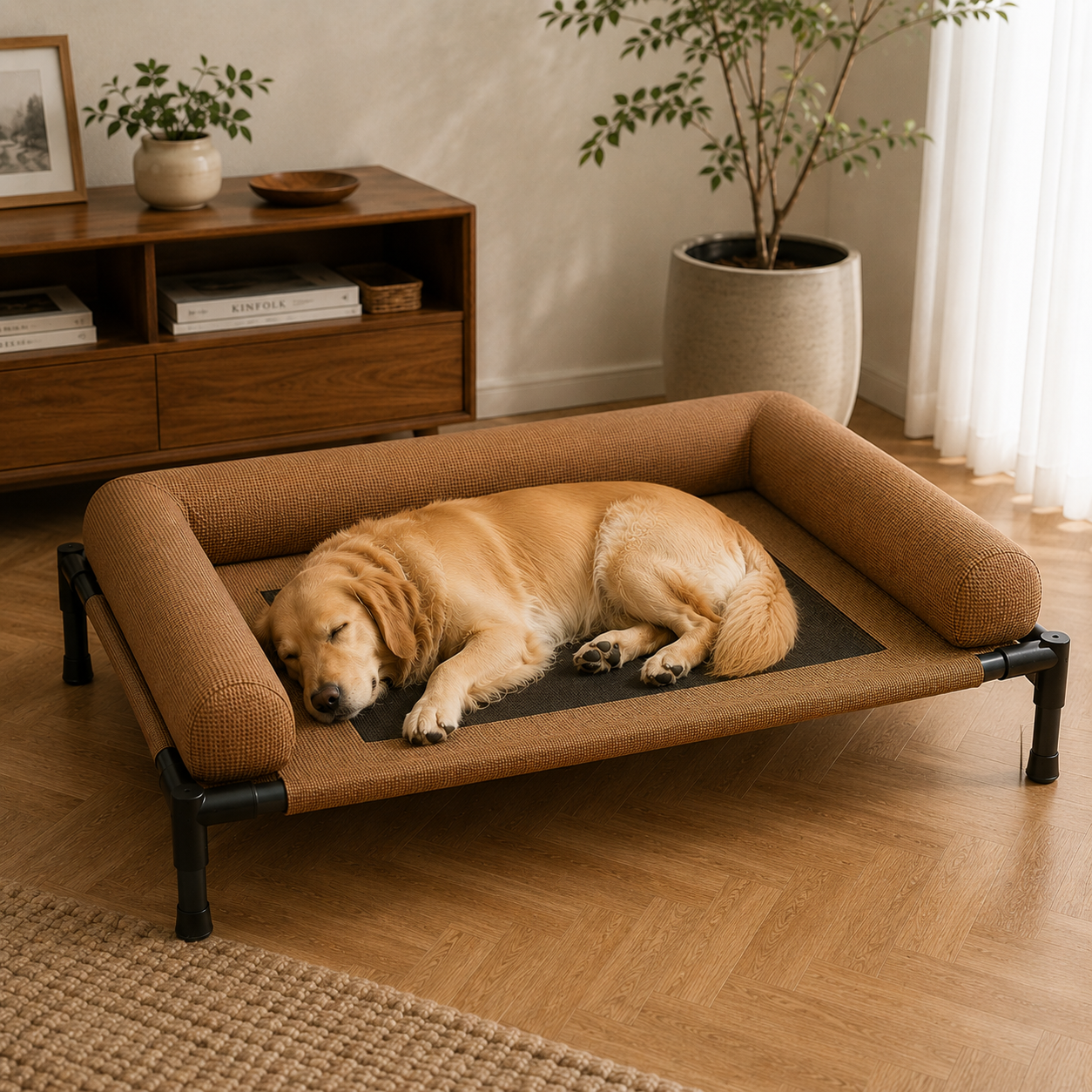 メイン画像:5枚目:夏用メッシュ高床式 通気性ペットベッド 犬猫兼用 大型枕付き