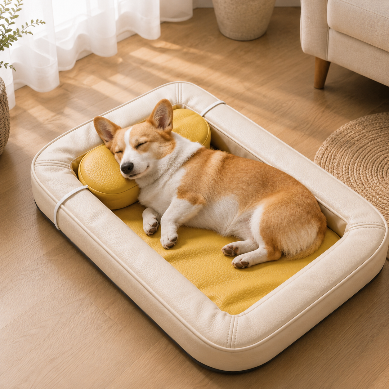 メイン画像:3枚目:犬ベッド 接触冷感 レザー調ソファベッド 丸洗い可能