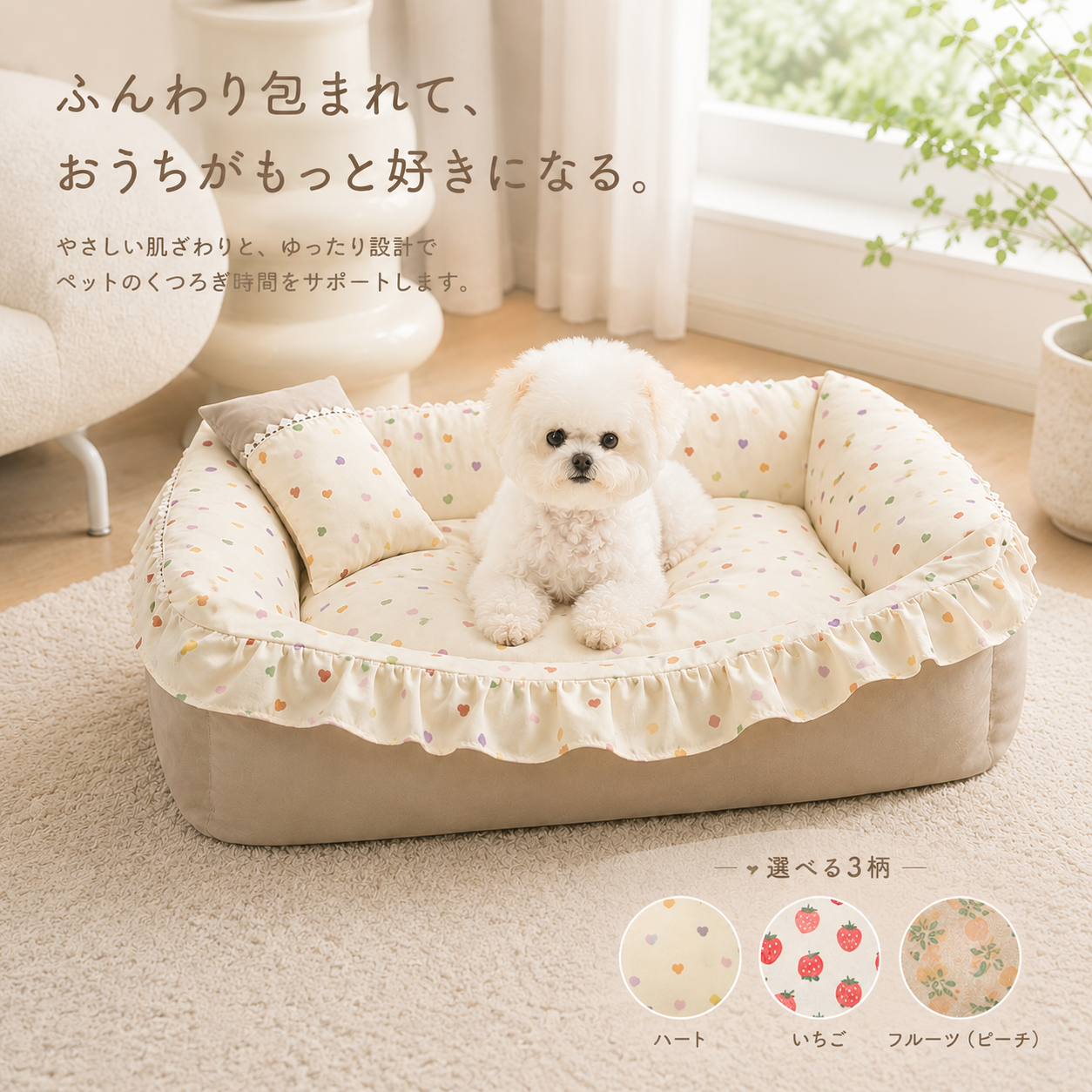 メイン画像:0枚目:犬ベッド フリル付きハート柄ベッド 全面カバー洗濯可能
