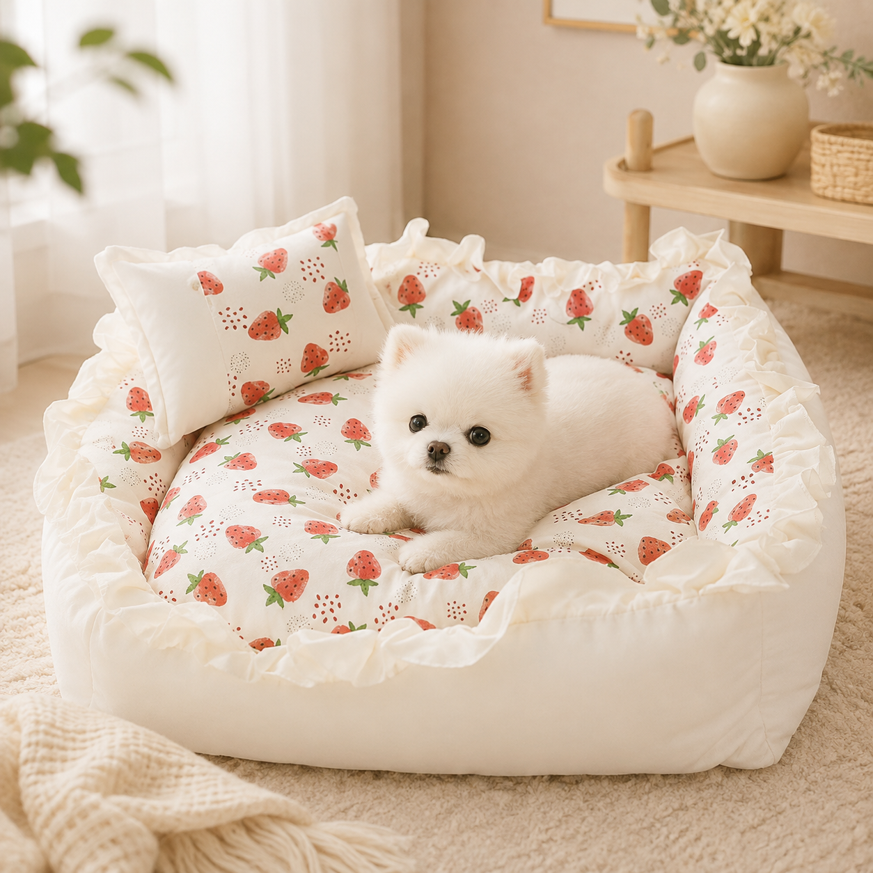メイン画像:1枚目:犬ベッド フリル付きハート柄ベッド 全面カバー洗濯可能