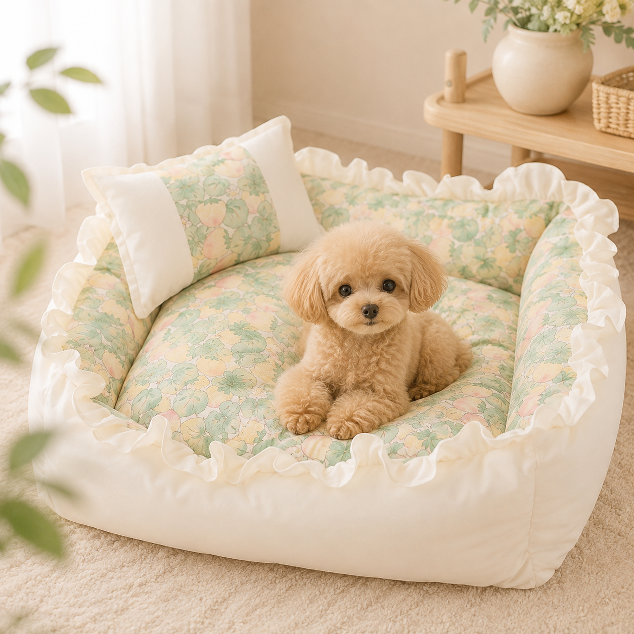 メイン画像:2枚目:犬ベッド フリル付きハート柄ベッド 全面カバー洗濯可能