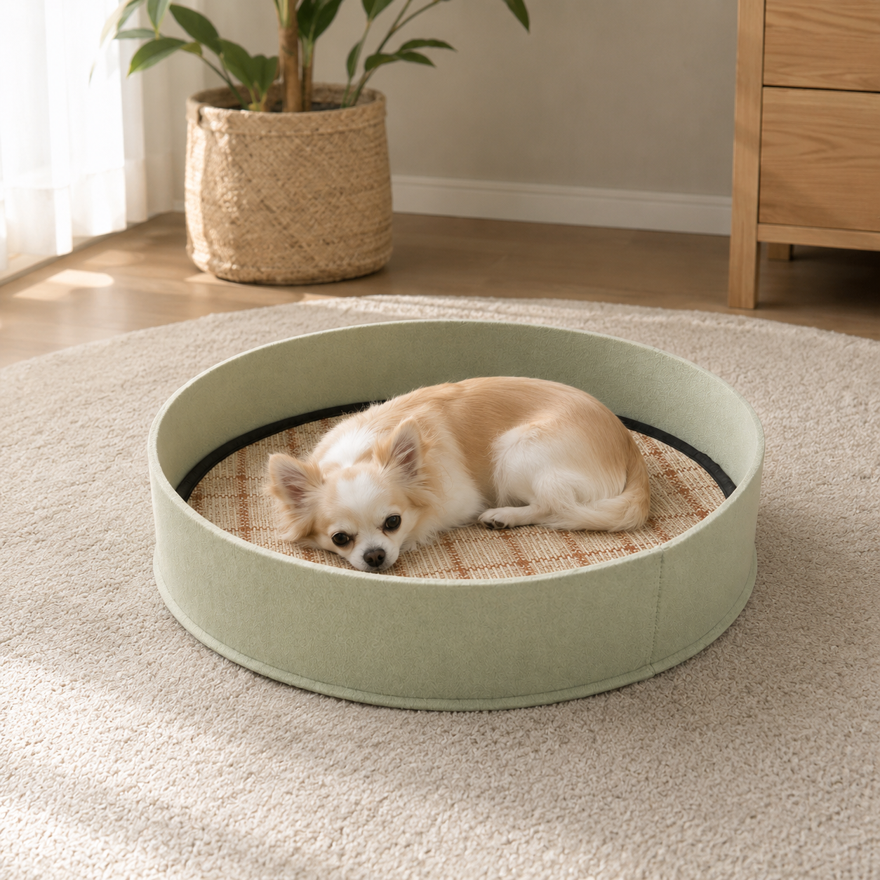 メイン画像:1枚目:犬ベッド 円形い草風マット付き 洗える夏用ベッド