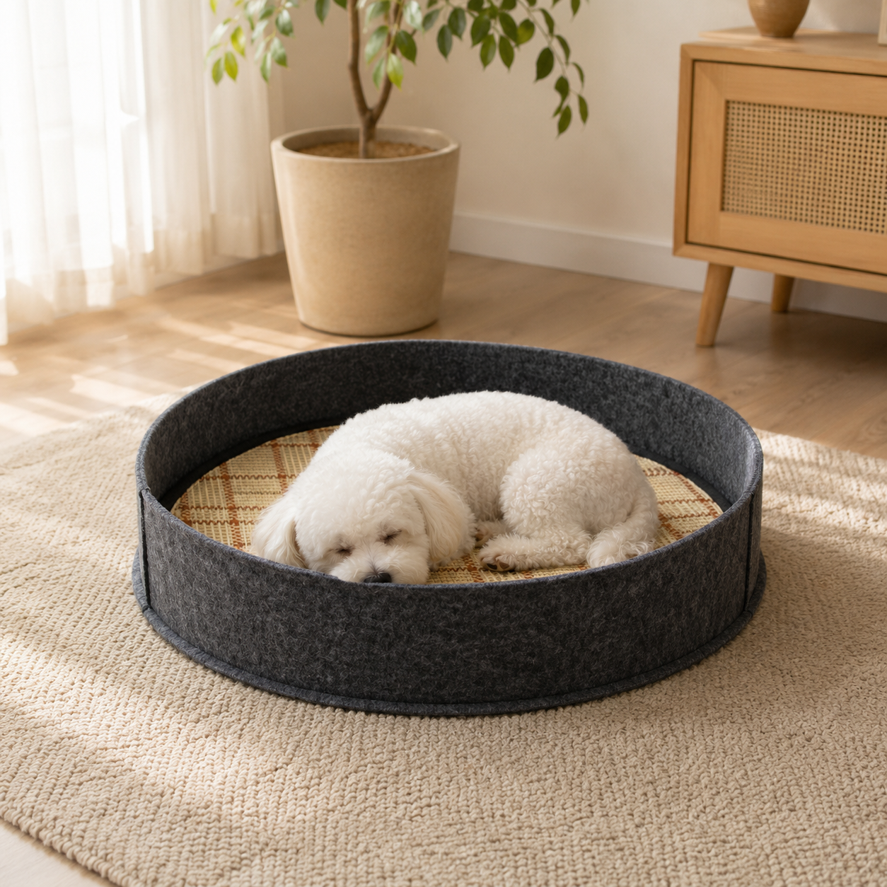 メイン画像:2枚目:犬ベッド 円形い草風マット付き 洗える夏用ベッド