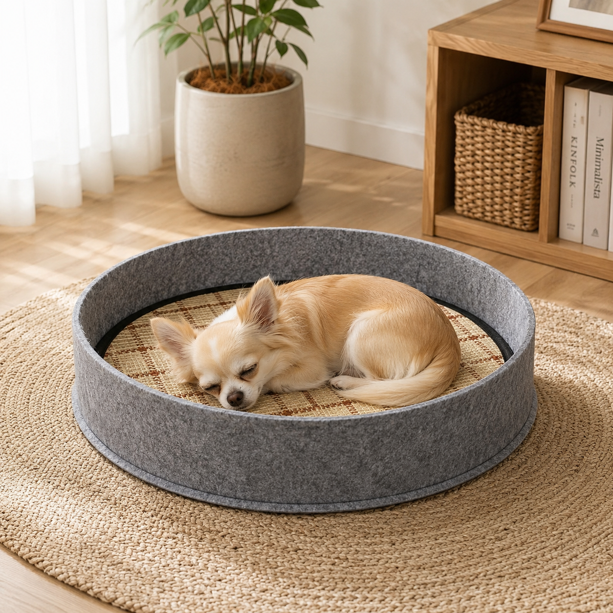 メイン画像:3枚目:犬ベッド 円形い草風マット付き 洗える夏用ベッド