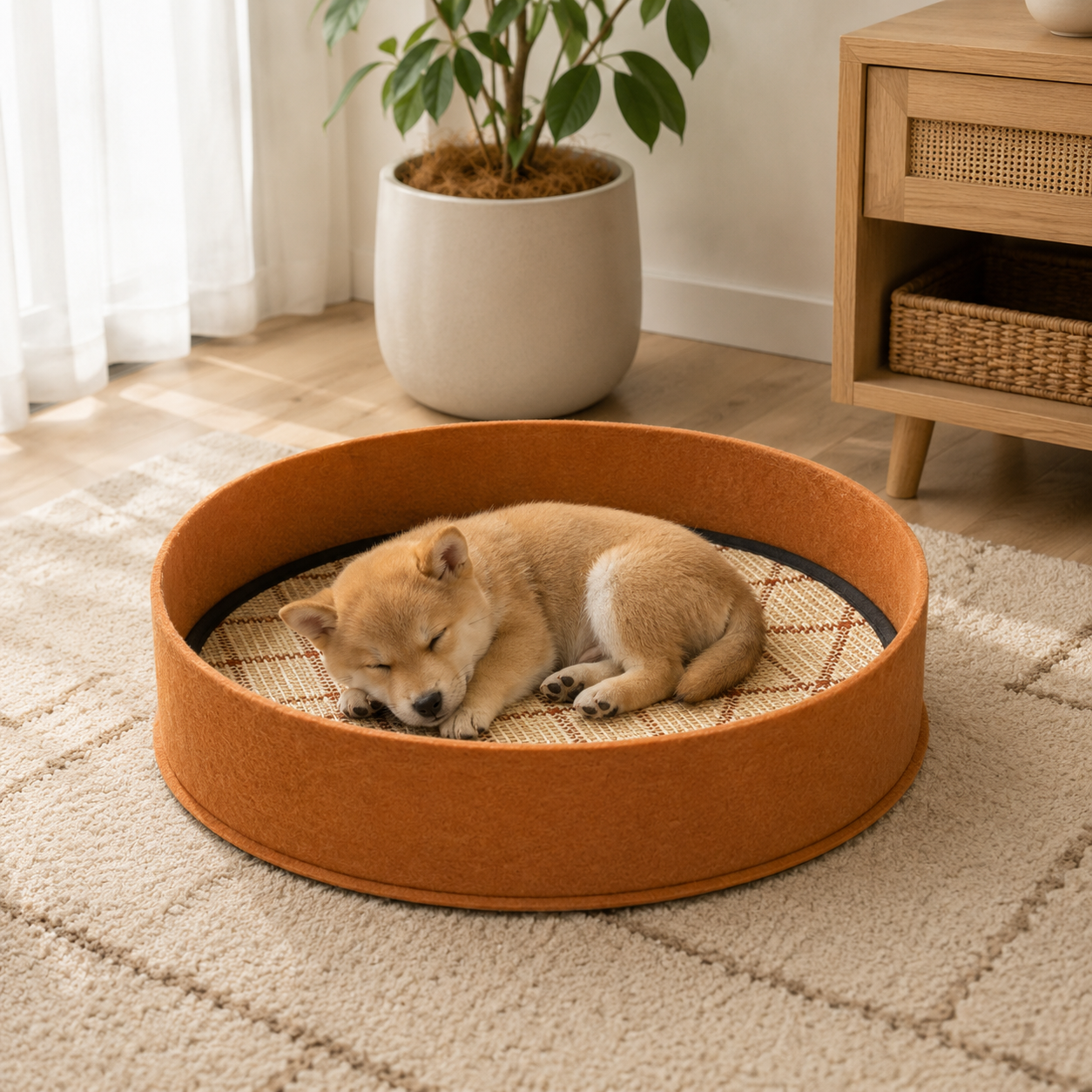 メイン画像:4枚目:犬ベッド 円形い草風マット付き 洗える夏用ベッド