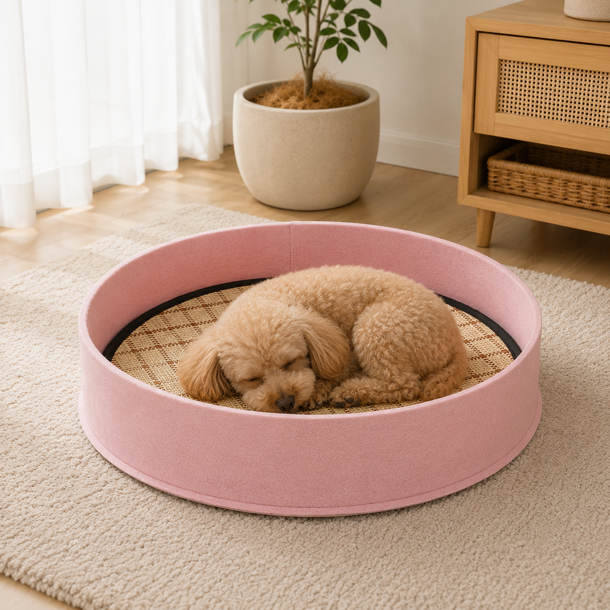 メイン画像:5枚目:犬ベッド 円形い草風マット付き 洗える夏用ベッド