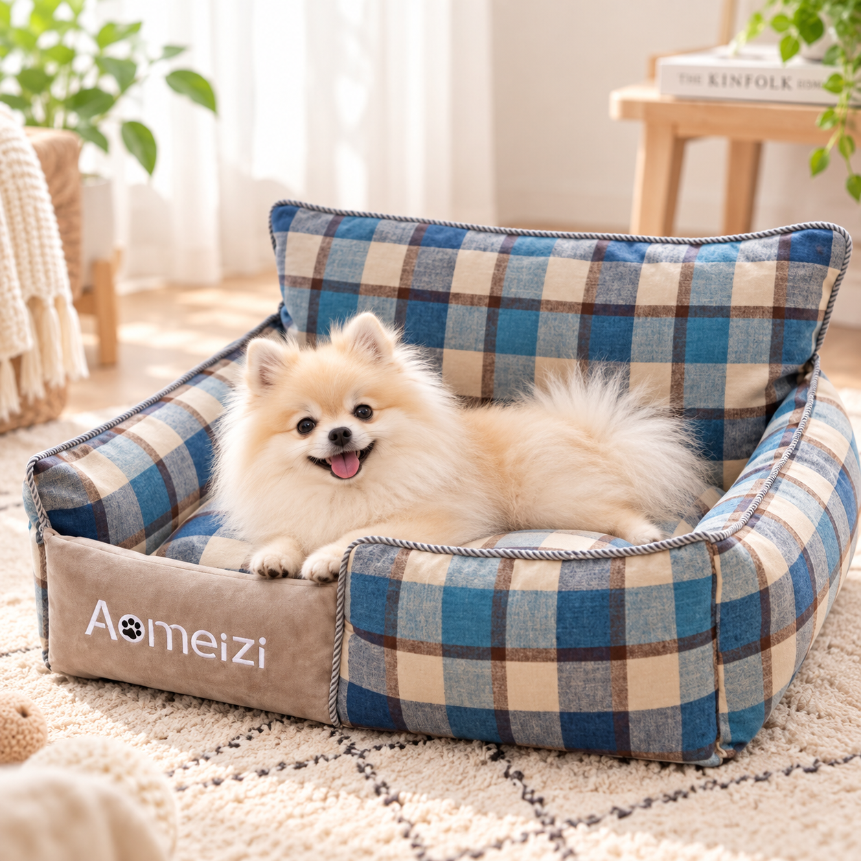 メイン画像:3枚目:犬ベッド チェック柄 ふんわりソファ型ベッド