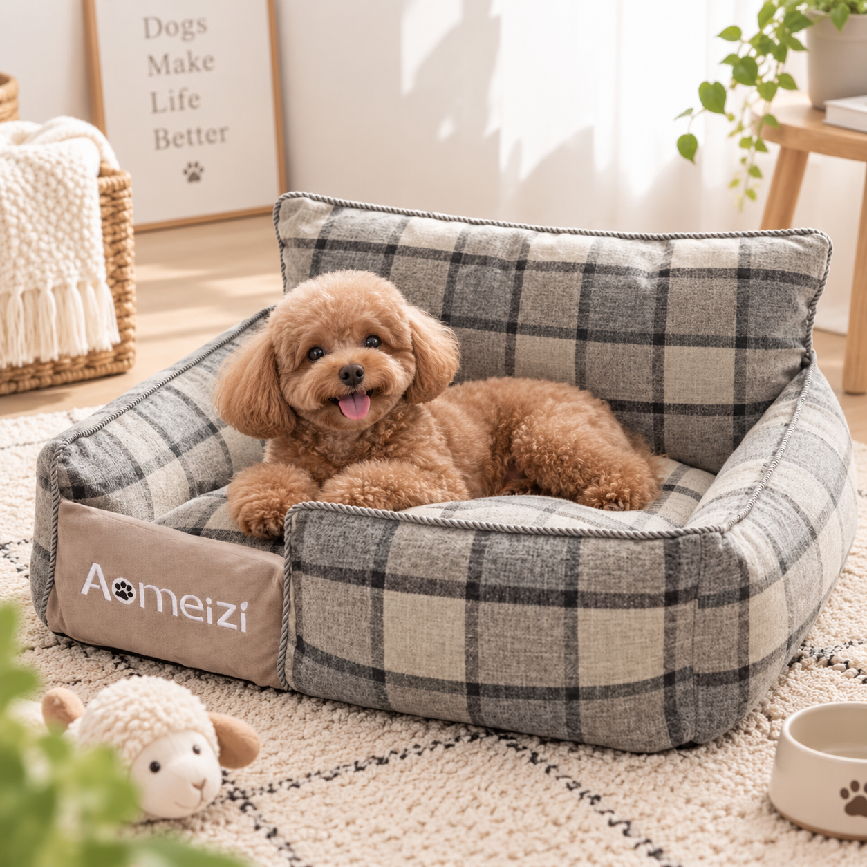 メイン画像:2枚目:犬ベッド チェック柄 ふんわりソファ型ベッド