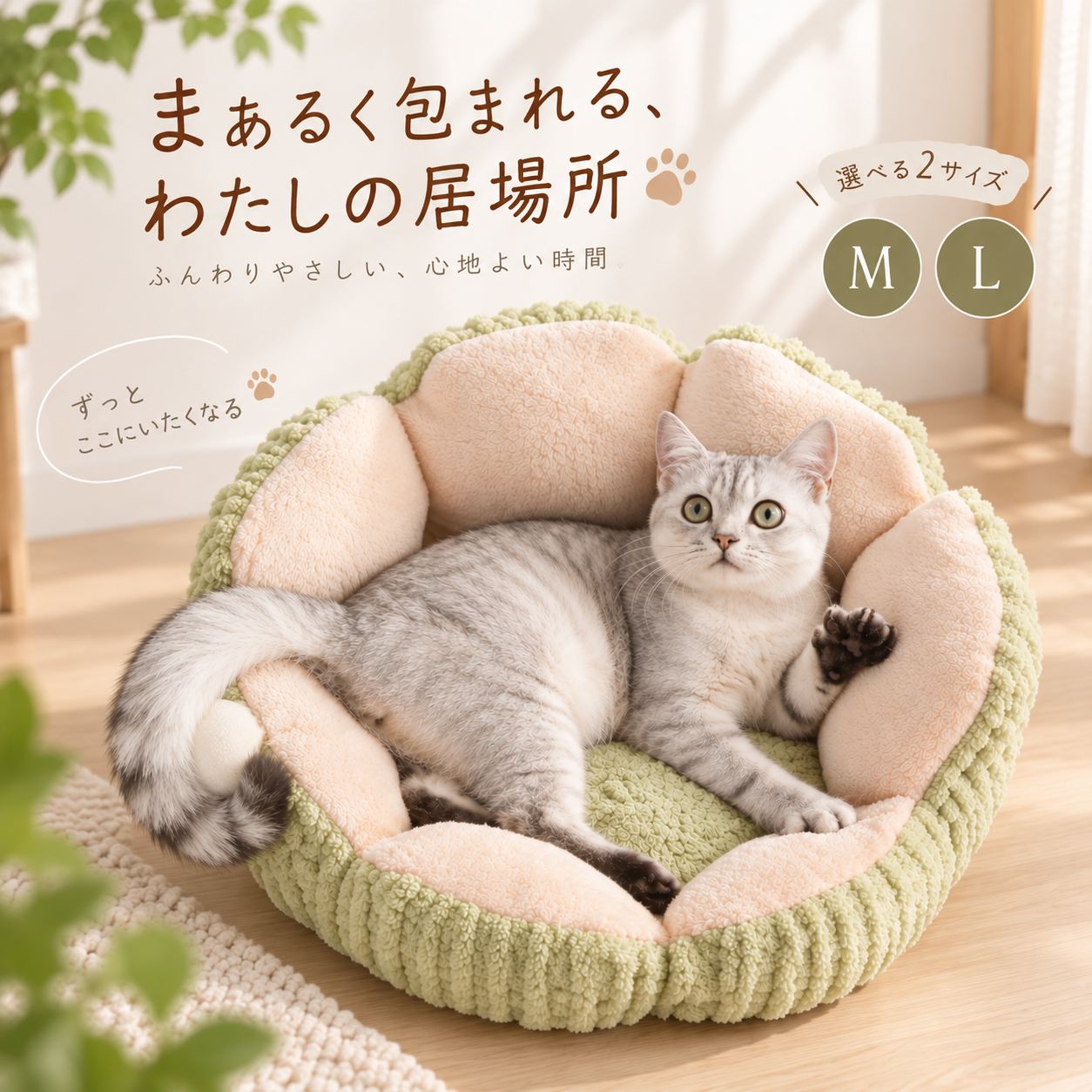 メイン画像:0枚目:猫ベッド ゆったり寛ぐ花型猫ベッド 大空間設計
