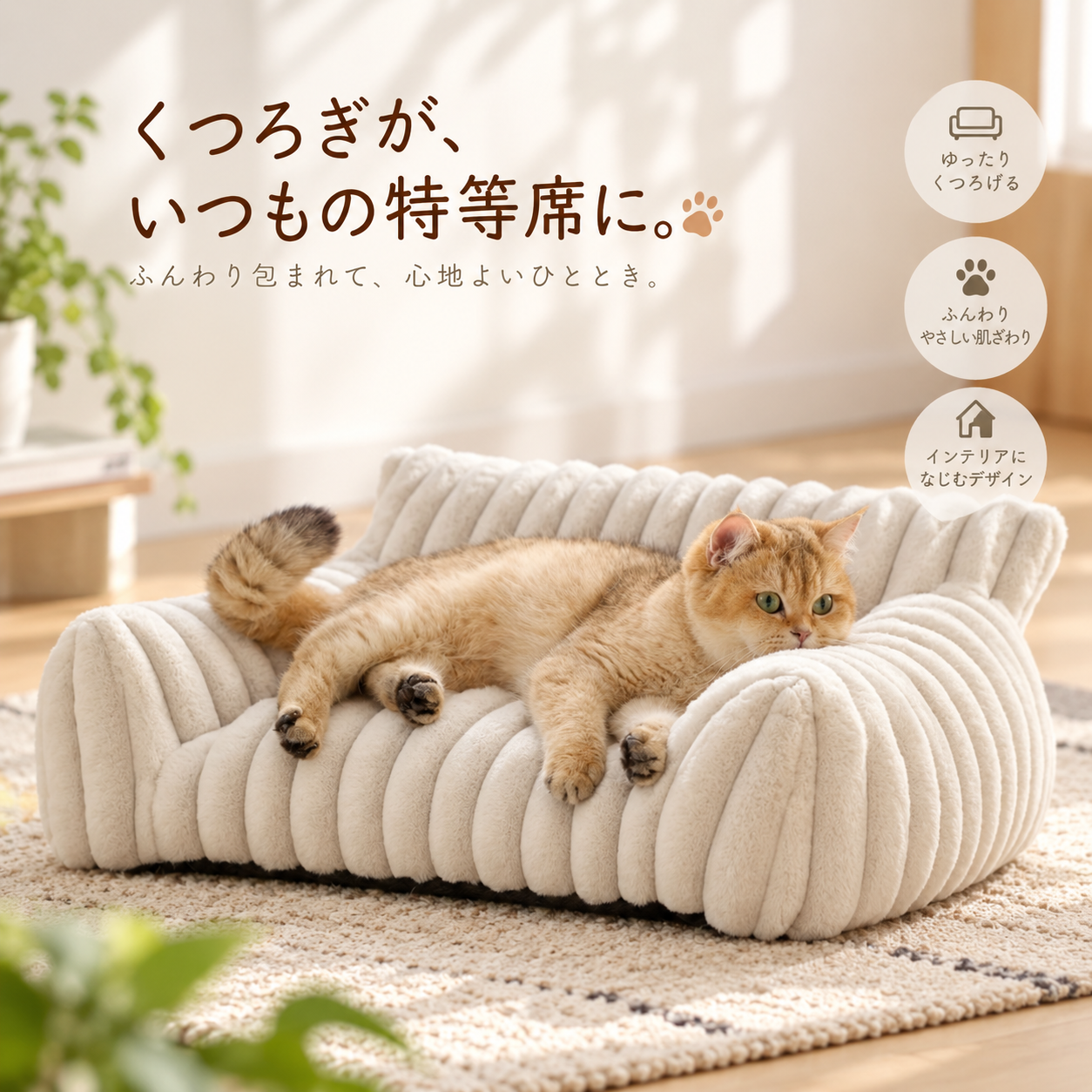 メイン画像:0枚目:編み込み風デザイン 猫用ペットベッド 包み込み型 ふわふわクッション