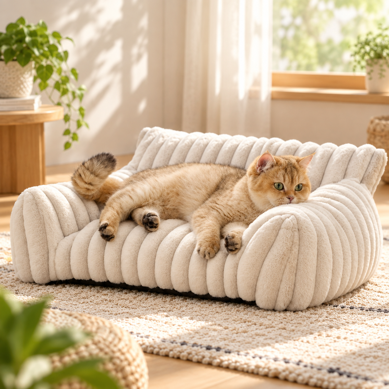 メイン画像:1枚目:編み込み風デザイン 猫用ペットベッド 包み込み型 ふわふわクッション