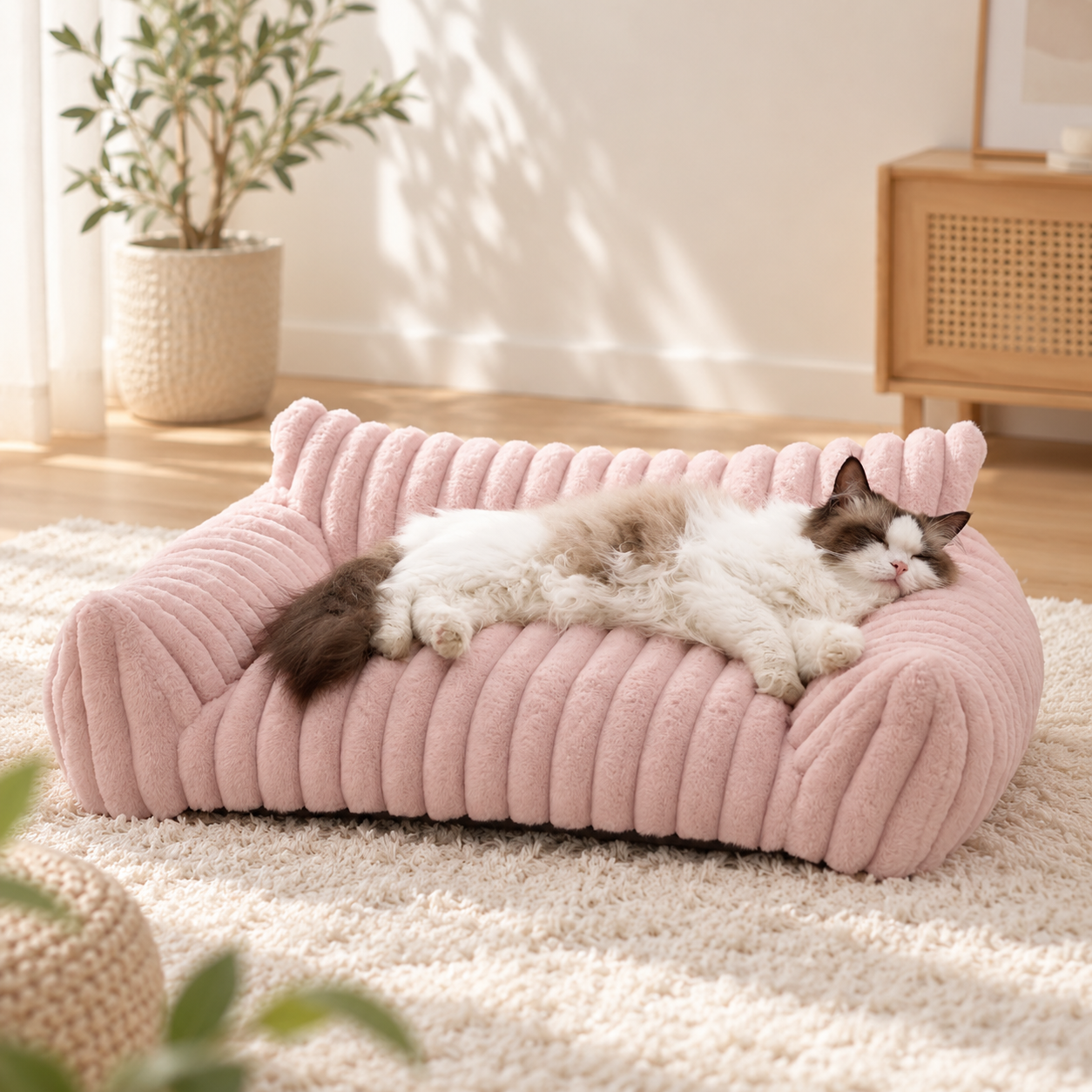 メイン画像:2枚目:編み込み風デザイン 猫用ペットベッド 包み込み型 ふわふわクッション