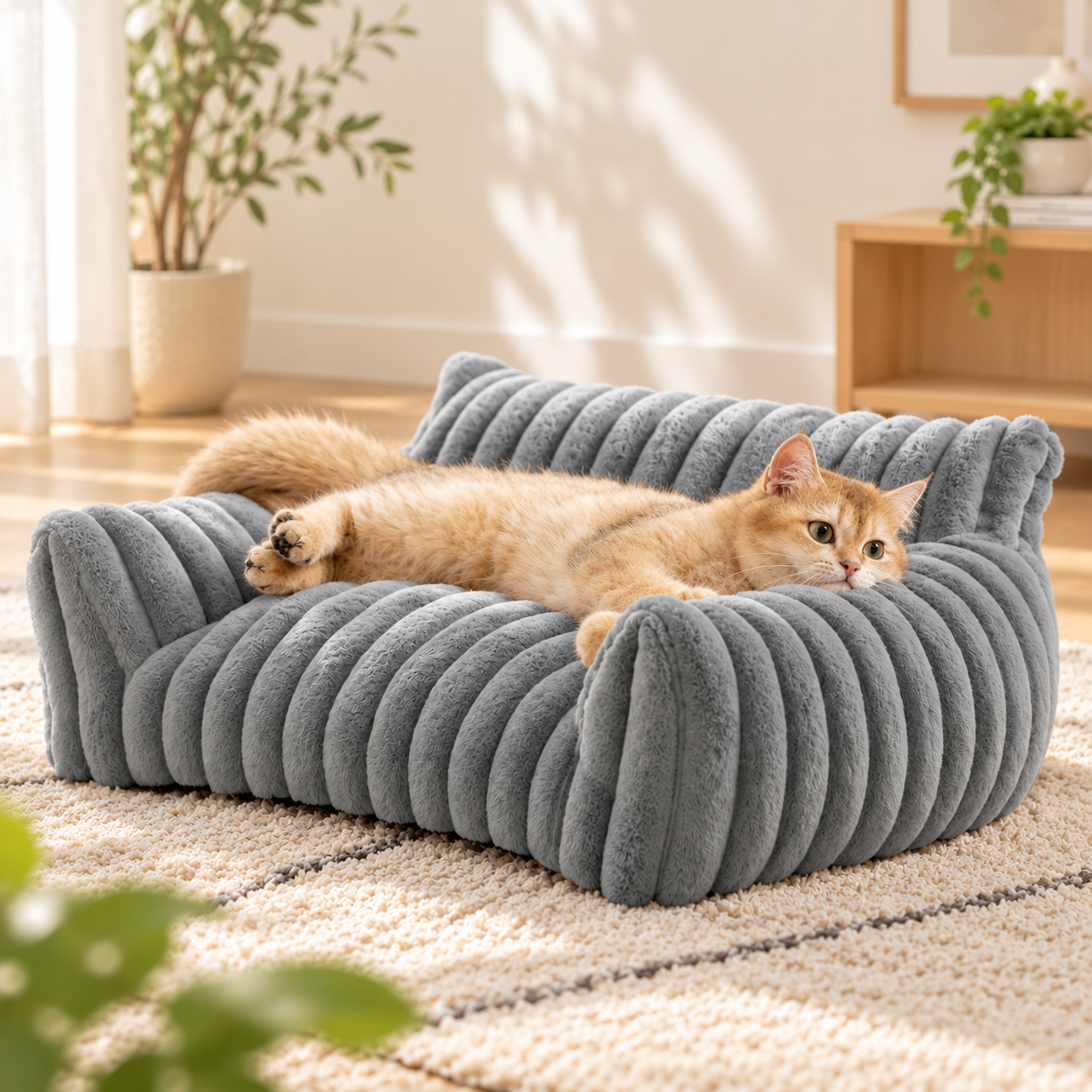 メイン画像:4枚目:編み込み風デザイン 猫用ペットベッド 包み込み型 ふわふわクッション