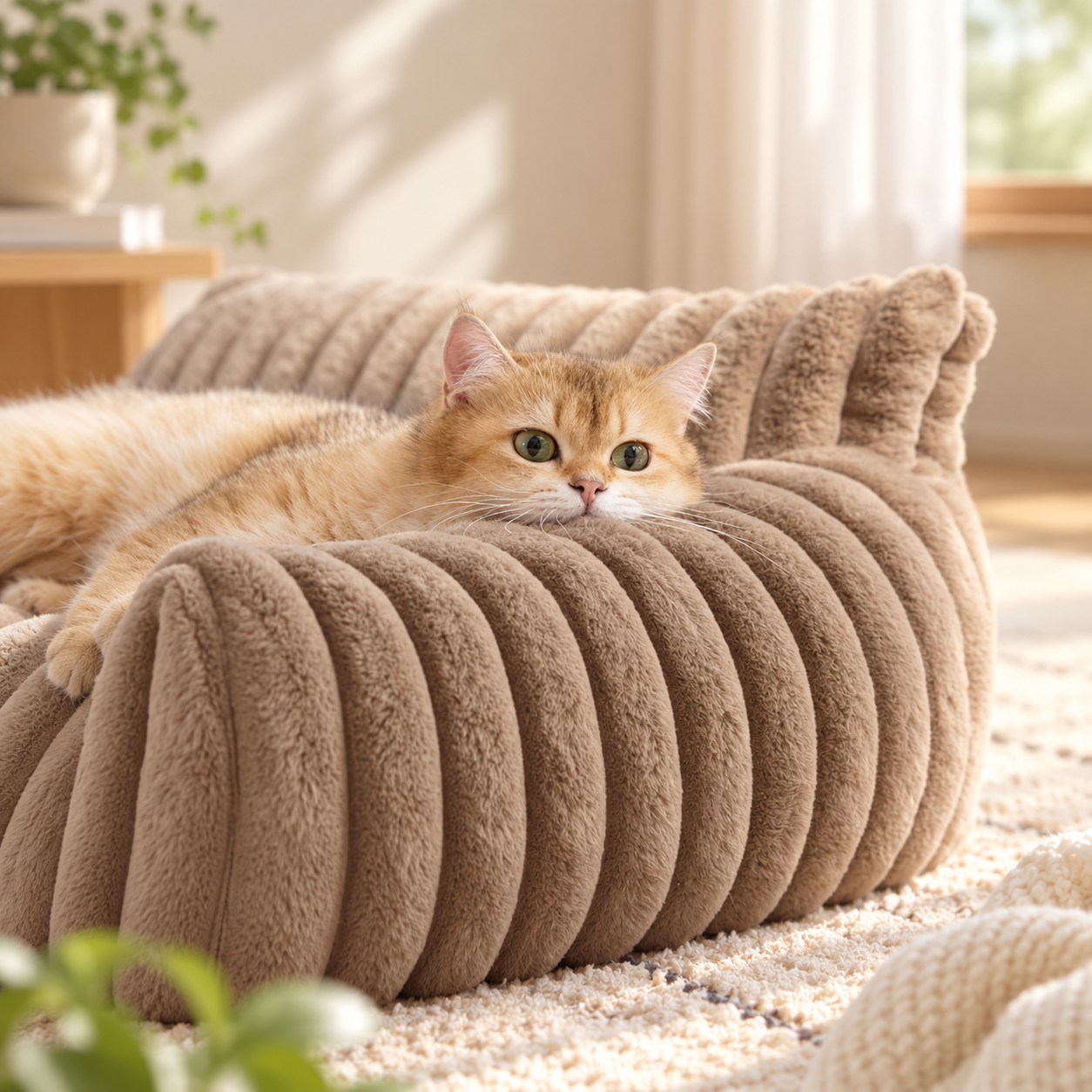 メイン画像:5枚目:編み込み風デザイン 猫用ペットベッド 包み込み型 ふわふわクッション