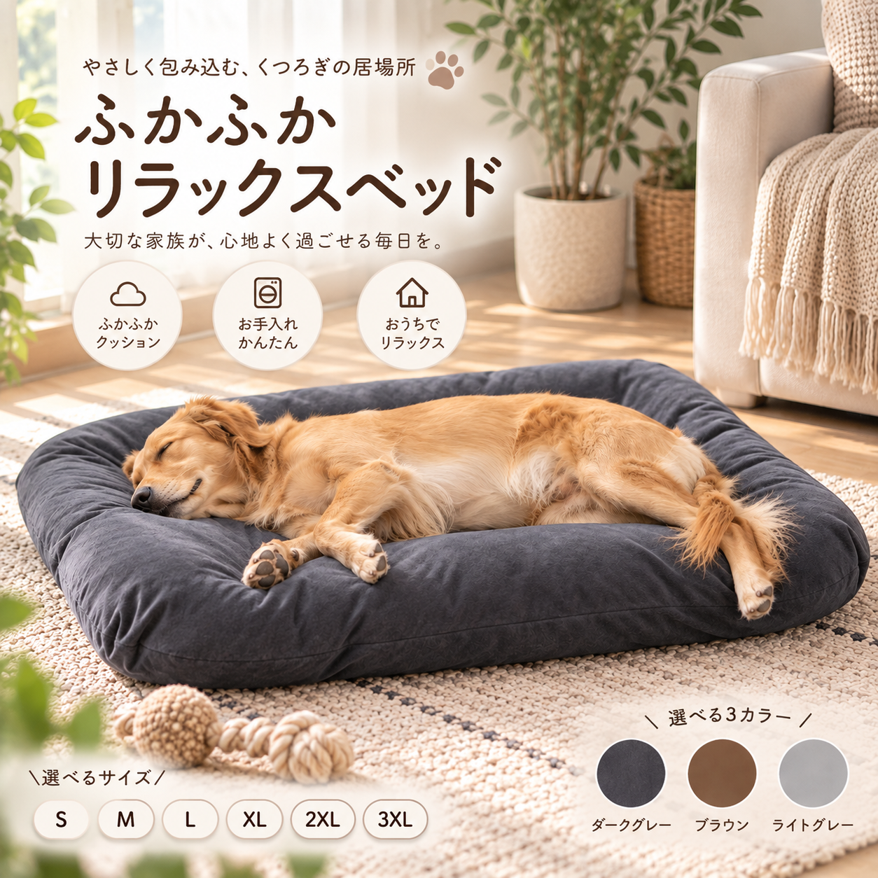 メイン画像:0枚目:犬ベッド 大型犬対応 ふかふかクッションベッド 洗えるカバー付き