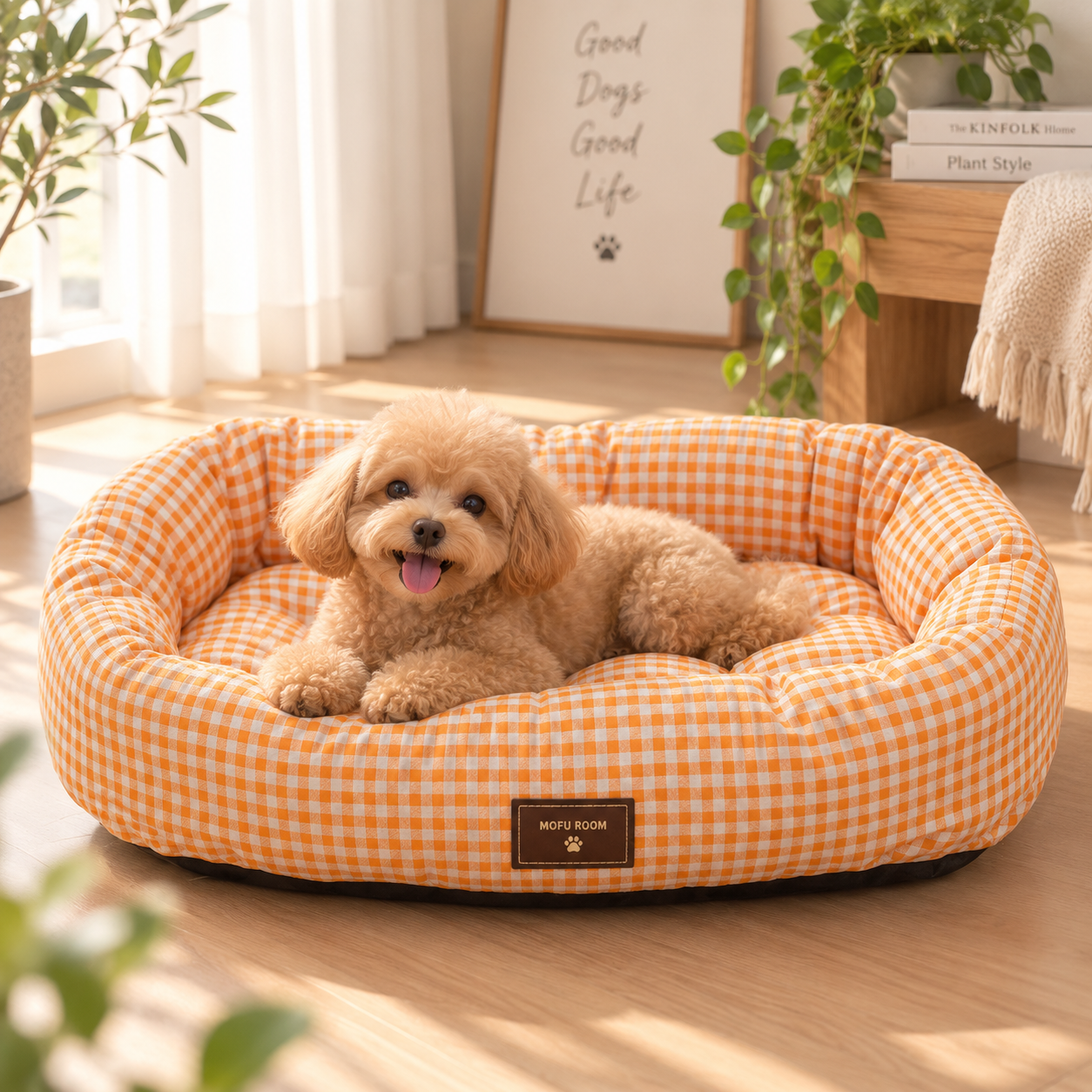 メイン画像:1枚目:ペットベッド ギンガムチェック柄丸型犬用寝床クッション