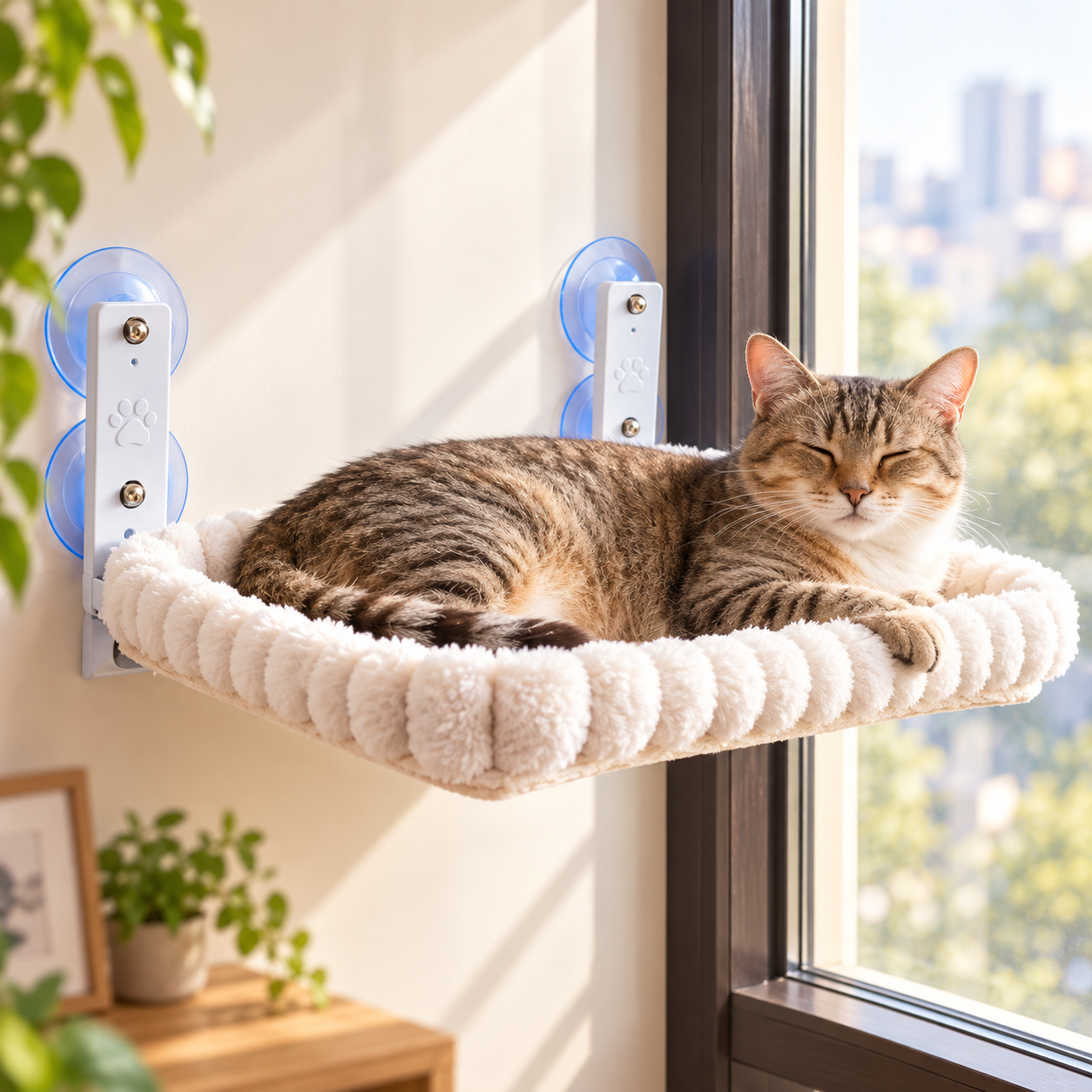 メイン画像:3枚目:猫ベッド 窓用吸盤式丸型ふわふわ猫ベッド