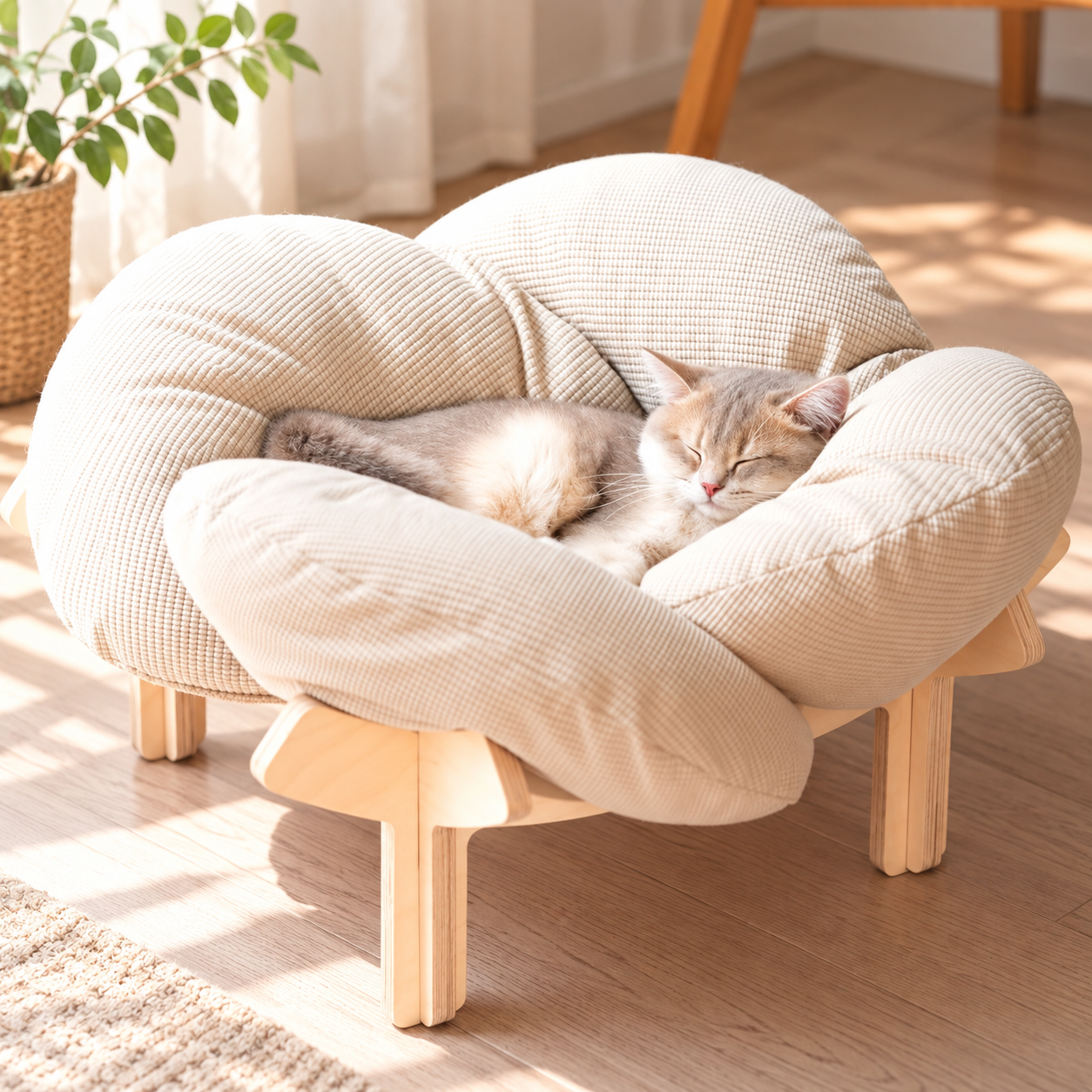 メイン画像:1枚目:猫ベッド 花型クッション付き木製脚猫ベッド