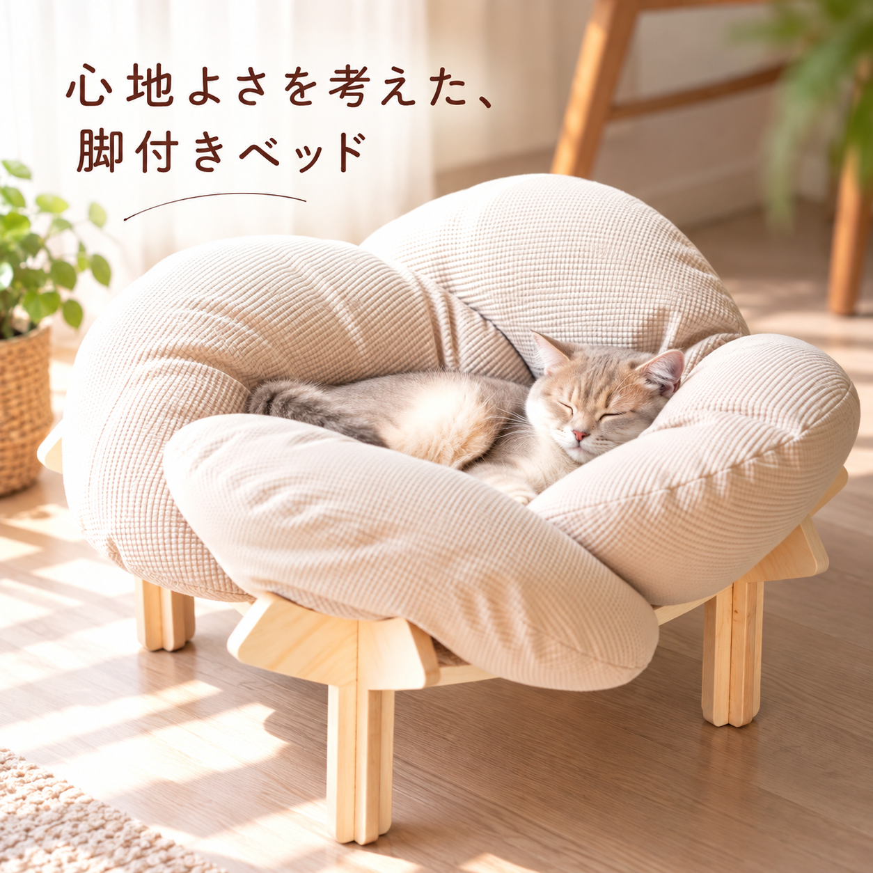 メイン画像:0枚目:猫ベッド 花型クッション付き木製脚猫ベッド