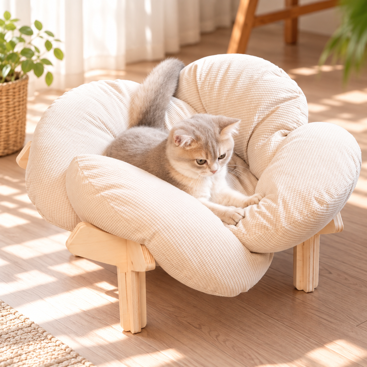 メイン画像:2枚目:猫ベッド 花型クッション付き木製脚猫ベッド