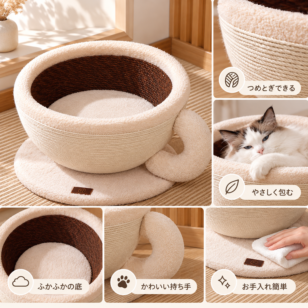 メイン画像:3枚目:爪とぎ一体型 猫用ドームベッド 麻素材 猫ベッド 隠れ家タイプ
