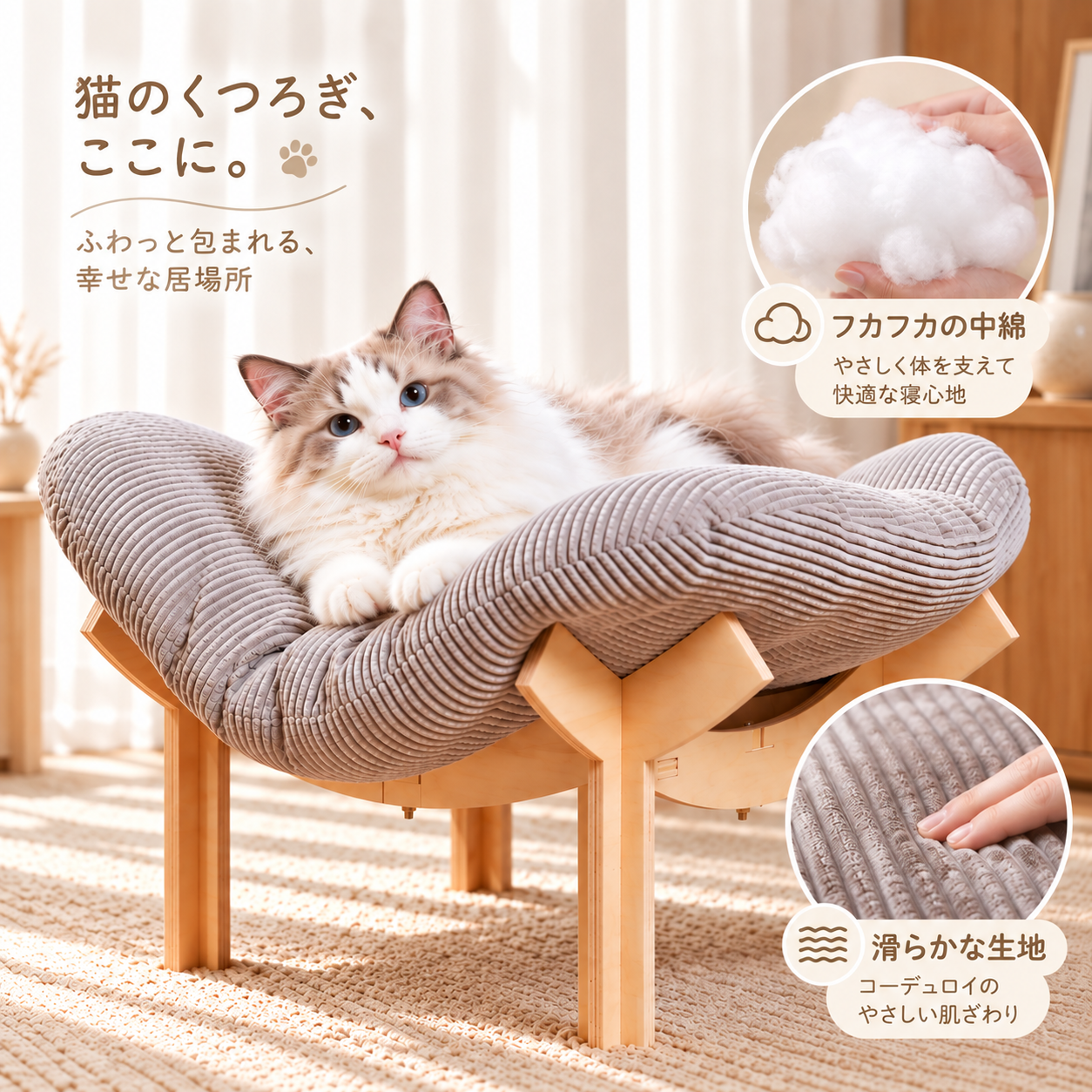 メイン画像:0枚目:猫ベッド 雲型木製スタンド付き高級猫ベッド