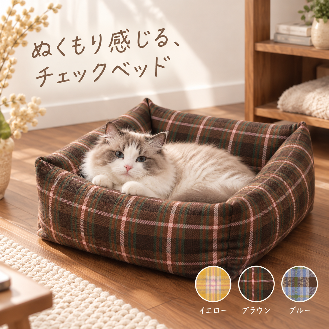 メイン画像:0枚目:チェック柄 猫用ペットベッド あご乗せ付き 四角型 クッション仕様