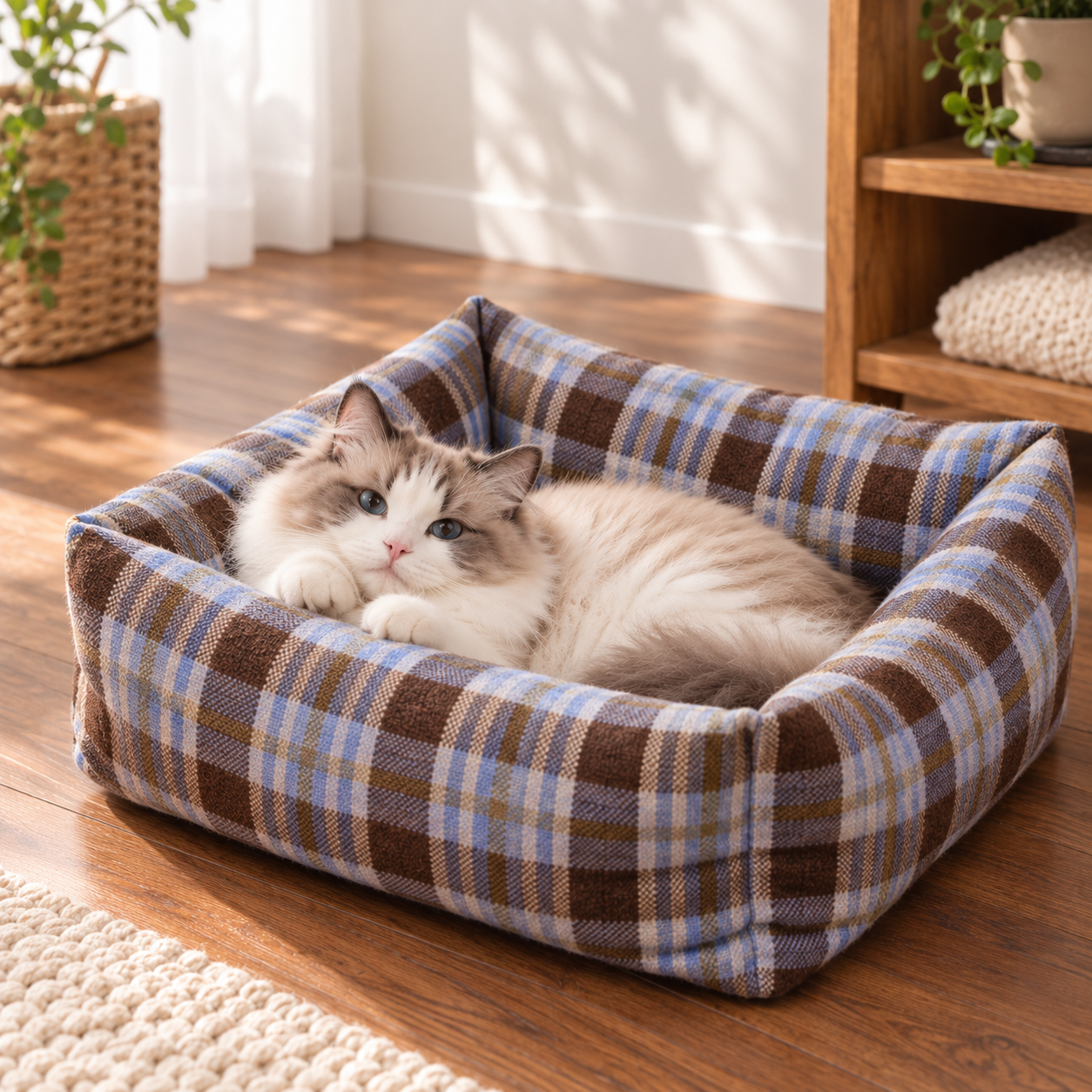 メイン画像:2枚目:チェック柄 猫用ペットベッド あご乗せ付き 四角型 クッション仕様