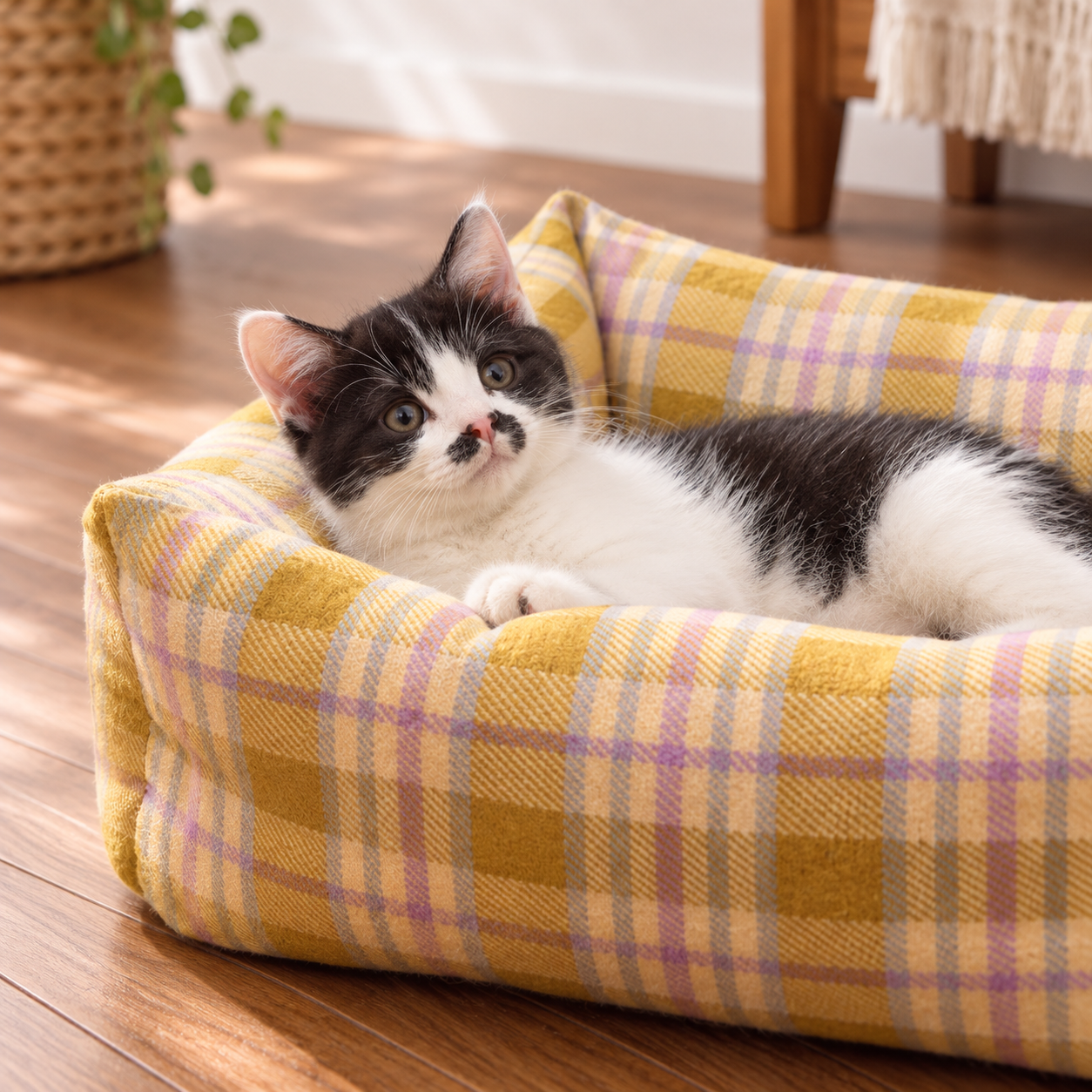 メイン画像:3枚目:チェック柄 猫用ペットベッド あご乗せ付き 四角型 クッション仕様