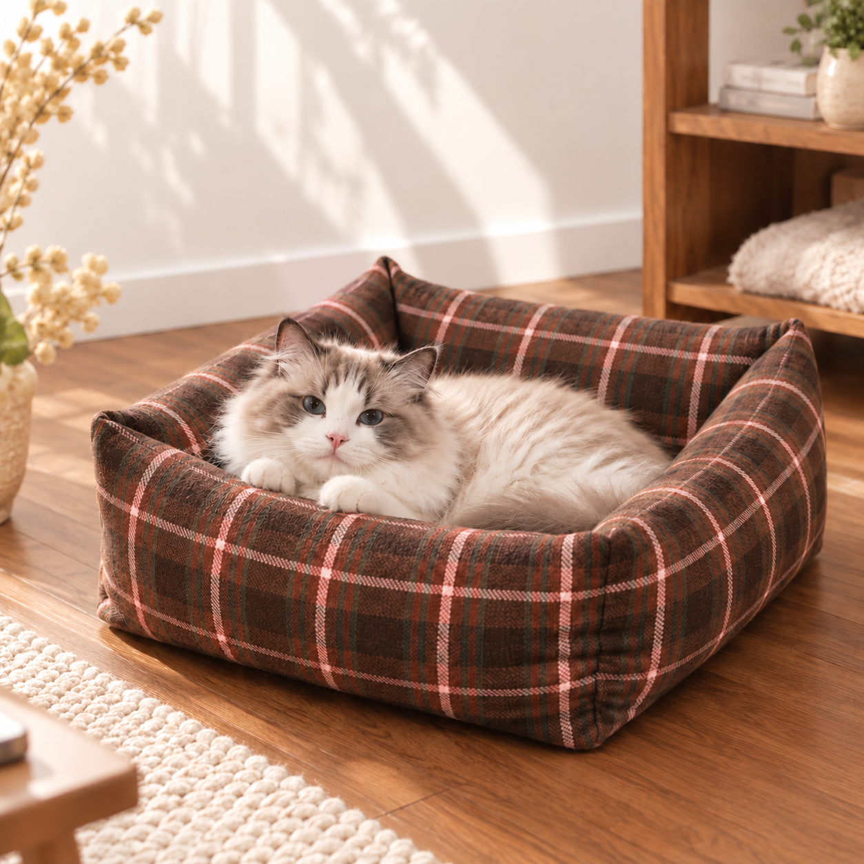 メイン画像:1枚目:チェック柄 猫用ペットベッド あご乗せ付き 四角型 クッション仕様