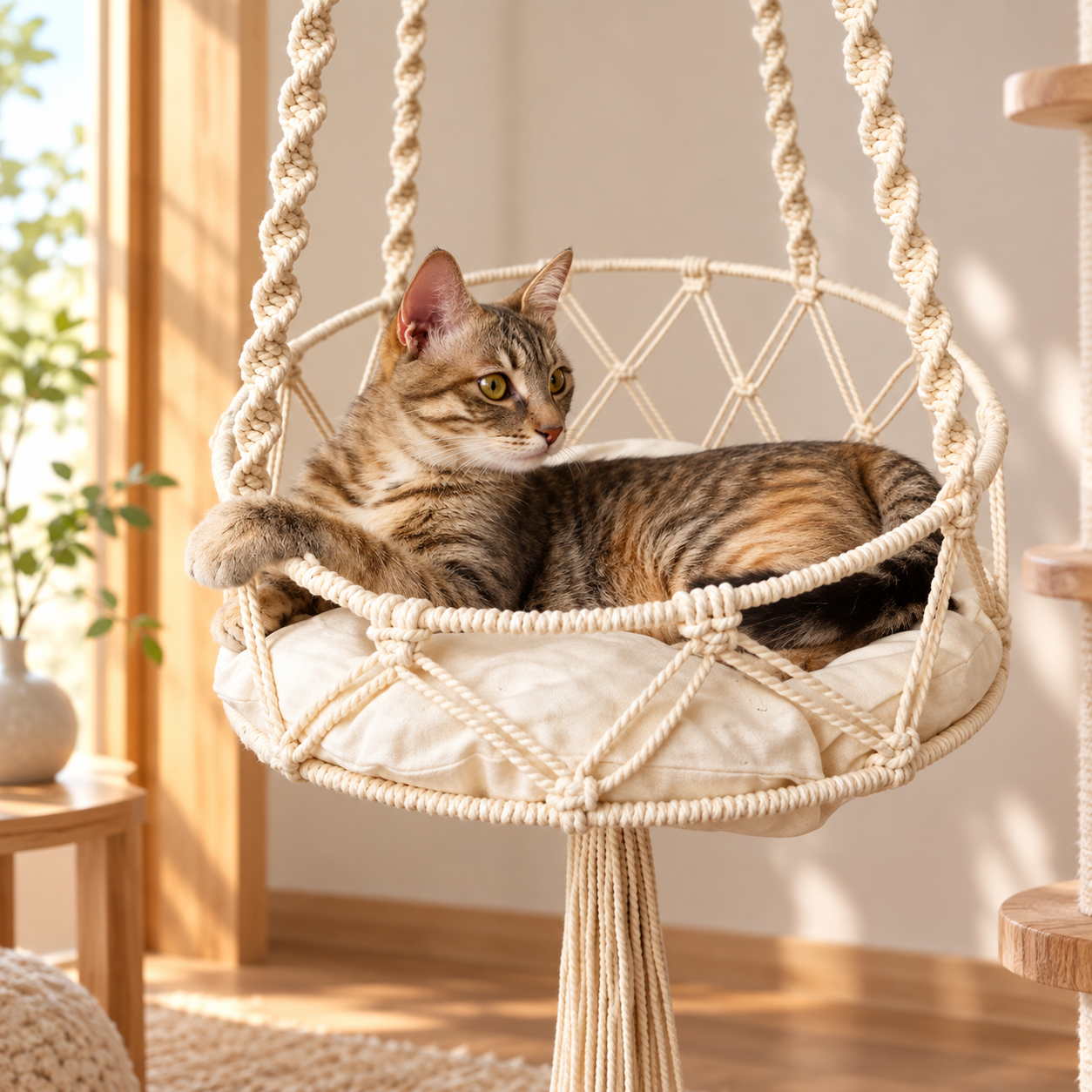 メイン画像:2枚目:猫ベッド 手編み吊り下げ式ハンモック猫ベッド