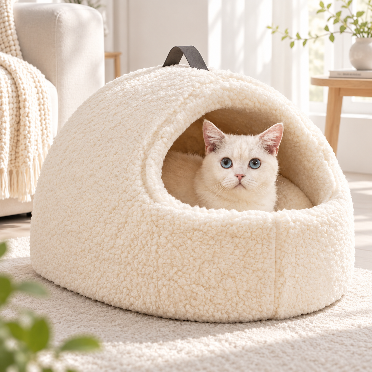 メイン画像:1枚目:大型猫対応 猫用ペットベッド ふわふわボア素材 保温設計 持ち手付き