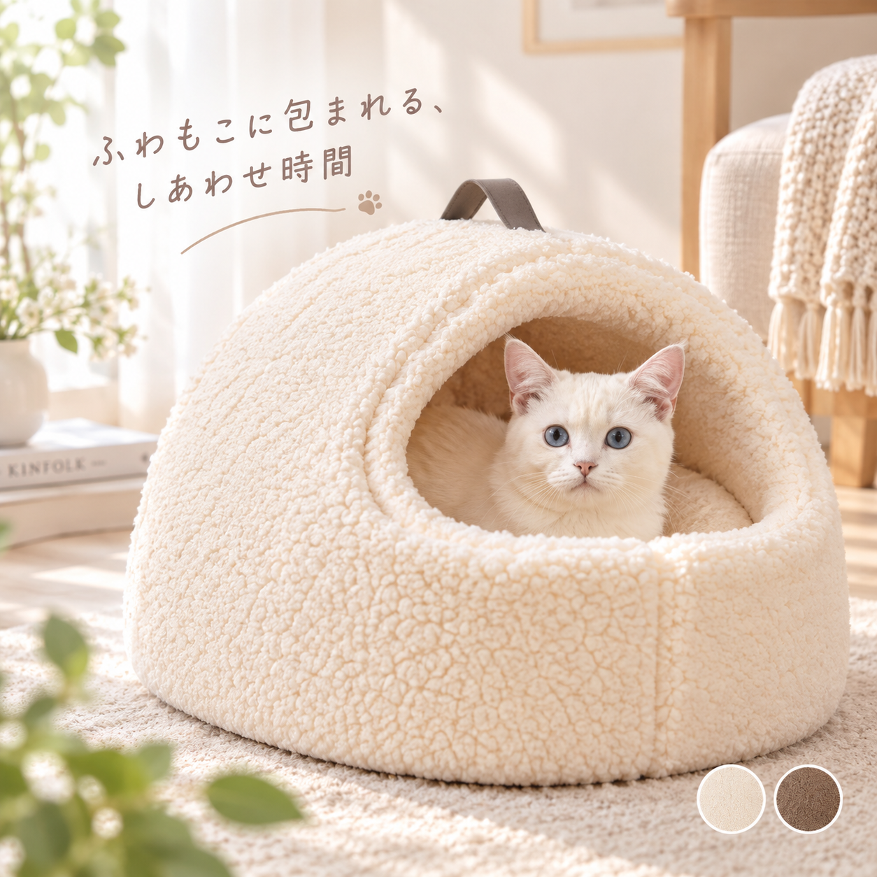 メイン画像:0枚目:大型猫対応 猫用ペットベッド ふわふわボア素材 保温設計 持ち手付き