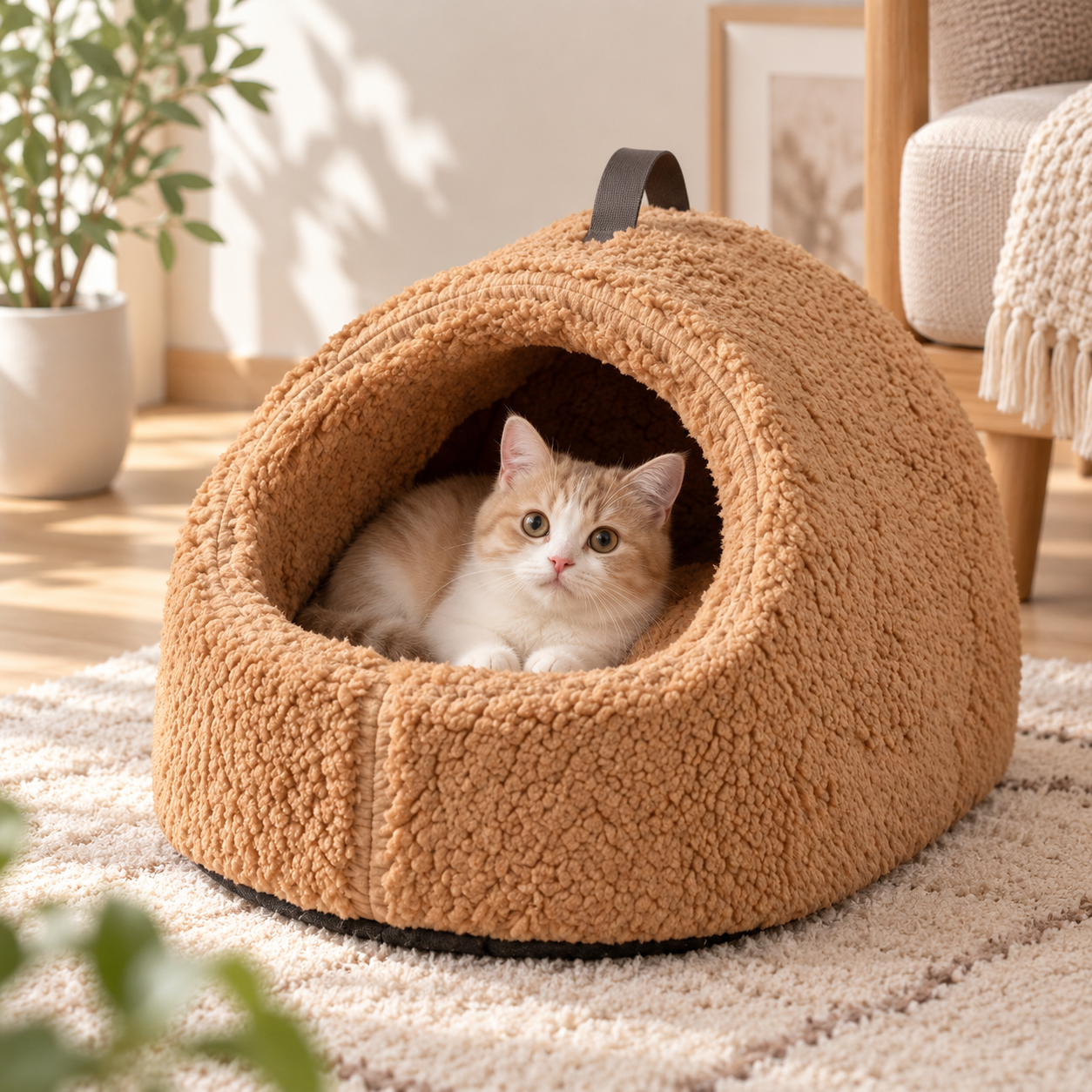 メイン画像:2枚目:大型猫対応 猫用ペットベッド ふわふわボア素材 保温設計 持ち手付き