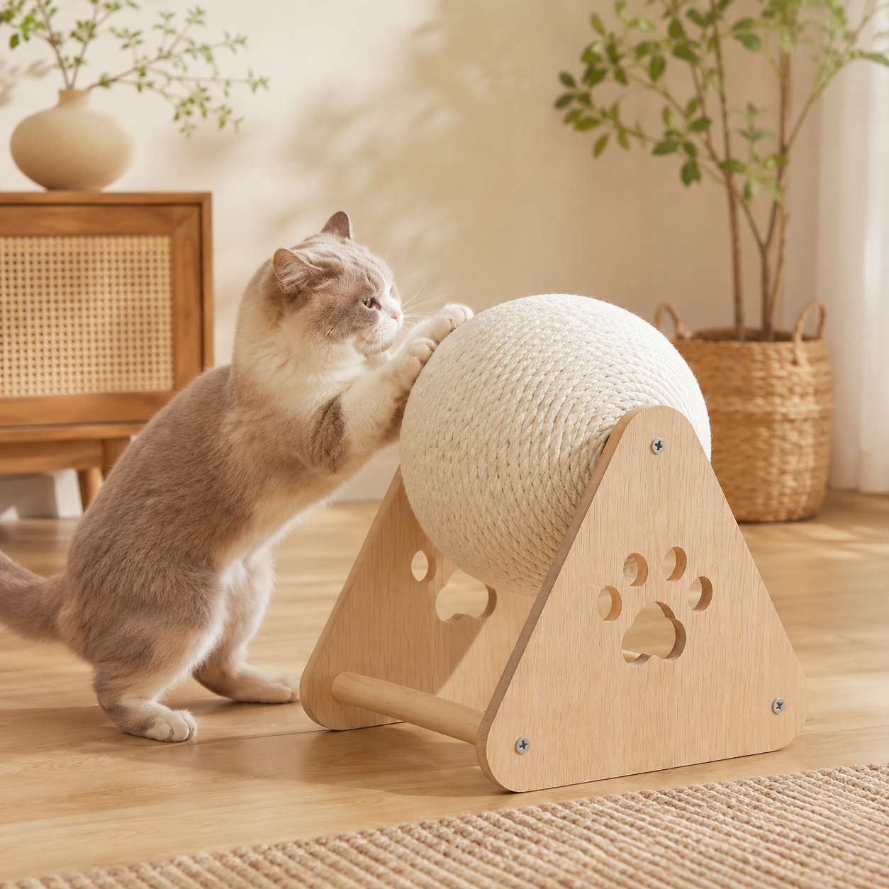 お部屋が明るくなる白麻！木製スタンド付き 回転ボール型猫用爪とぎ