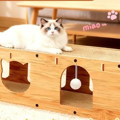 メイン画像:1枚目:多機能トンネル付き猫の爪研ぎベッド型