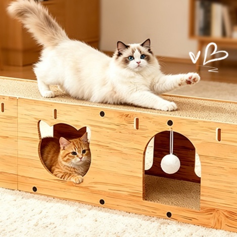 メイン画像:2枚目:多機能トンネル付き猫の爪研ぎベッド型