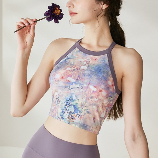 ピラティスウェア水彩花柄ホルターブラ